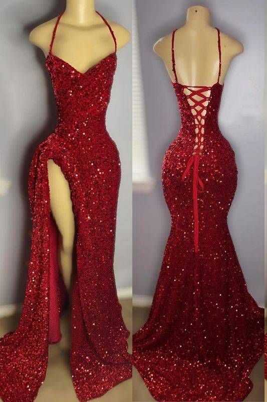 Sexy Red Spaghetti Straps Sequins Split Long Party Dress Evening Gown, DP4494