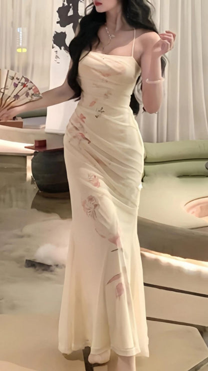 Elegant Ivory Spaghetti Straps Mermaid Long Party Dress Evening Dress, DP4498