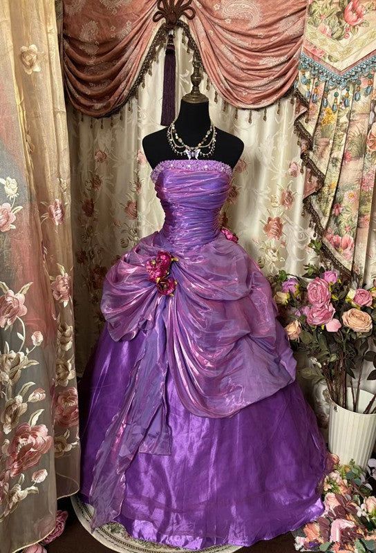 Purple Strapless A-Line Satin Vintage Long Party Dress Formal Evening Dress, DP4500