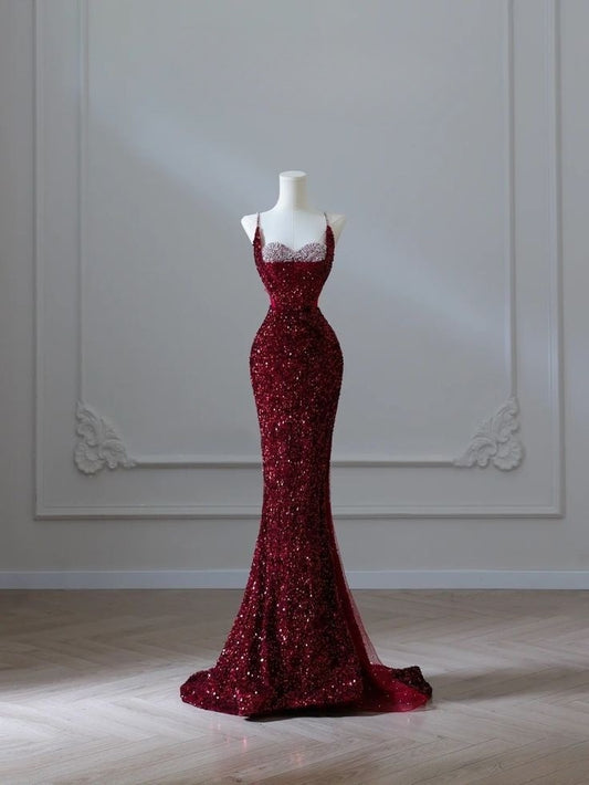 Wine Red Straps Sequins Mermaid Long Party Dress Evening Gown, DP4504