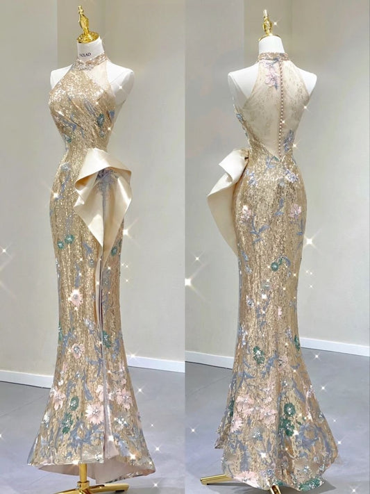 Champagne Halter Mermaid Sequins Long Party Dress Evening Gown, DP4506