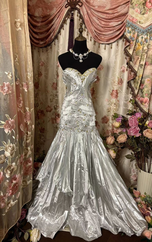 Silver Sweetheart Sheath Beading Vintage Long Party Dress Evening Gown, DP4508
