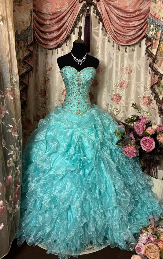 Blue Sweetheart A-Line Organza Vintage Long Party Dress Evening Gown, DP4509