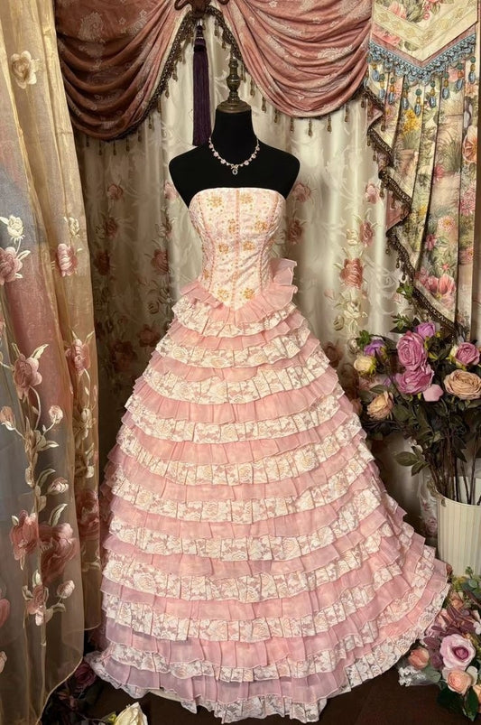 Pink Strapless A-Line Vintage Cake Dress Long Prom Dress Evening Gown, DP4514