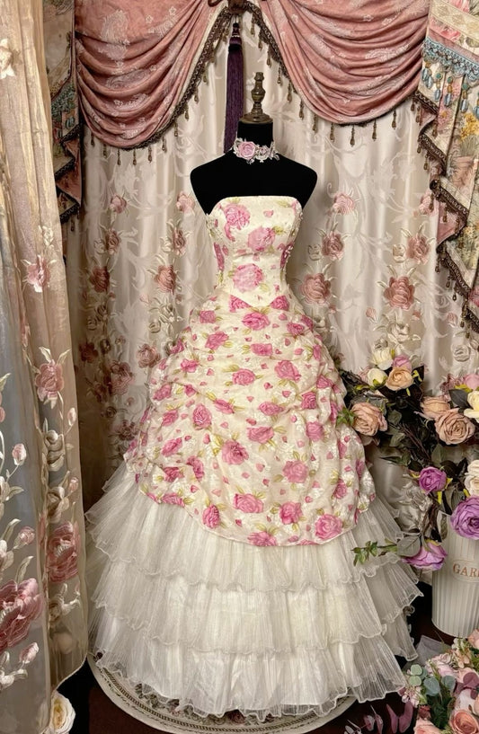 Strapless A-Line Floral Tiered Vintage Long Prom Dress Evening Gown, DP4517