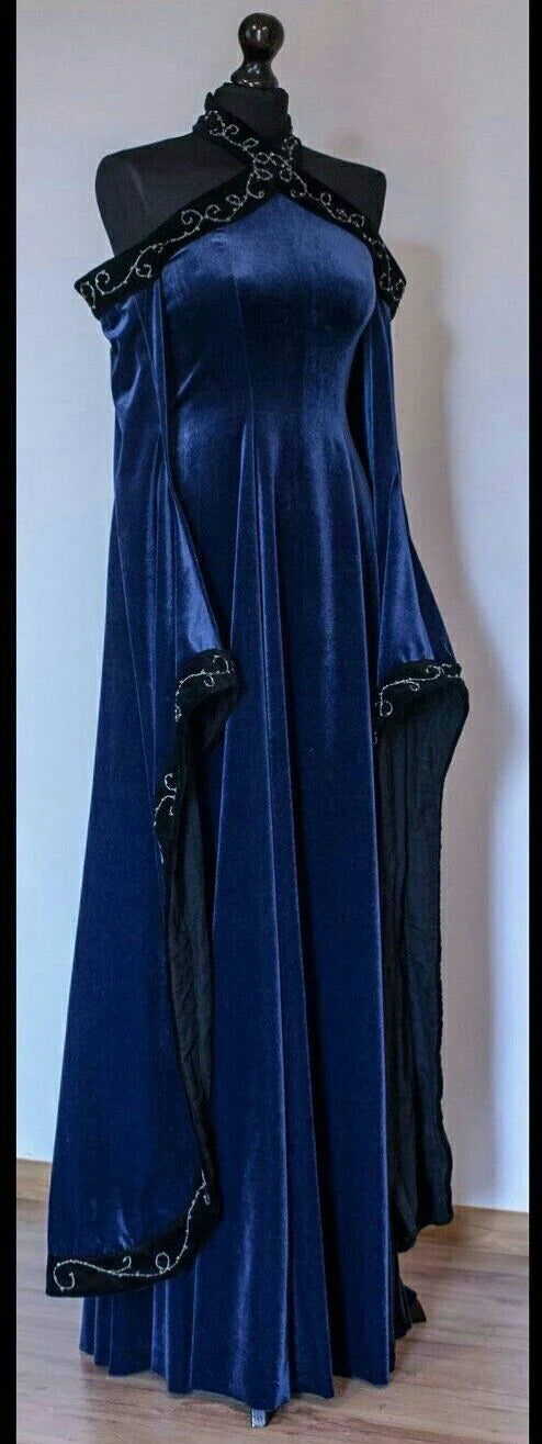 Vintage Dark Blue Halter Neck A-Line Velvet Long Formal Prom Dress Evening Dress, DP5421