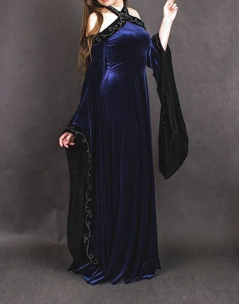 Vintage Dark Blue Halter Neck A-Line Velvet Long Formal Prom Dress Evening Dress, DP5421