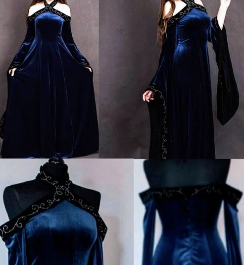 Vintage Dark Blue Halter Neck A-Line Velvet Long Formal Prom Dress Evening Dress, DP5421