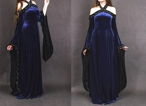 Vintage Dark Blue Halter Neck A-Line Velvet Long Formal Prom Dress Evening Dress, DP5421