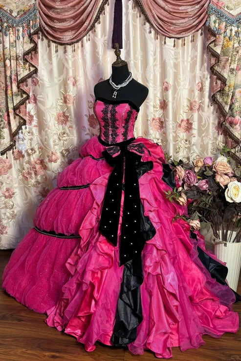Retro Fuchsia Strapless A-Line Appliques Long Prom Dress Birthday Ball Gown, DP5422