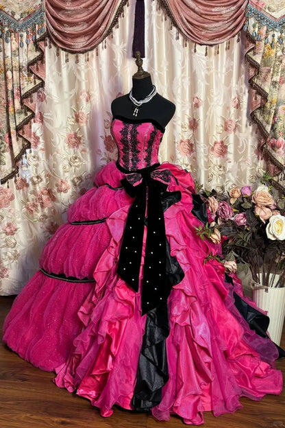 Retro Fuchsia Strapless A-Line Appliques Long Prom Dress Birthday Ball Gown, DP5422