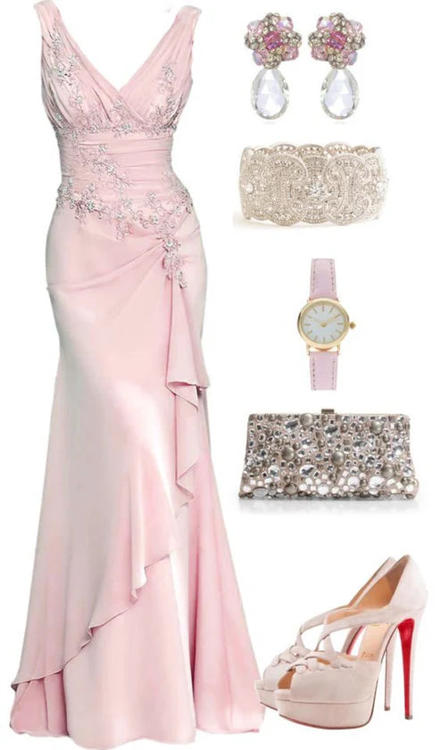 Elegant Pink V Neck Mermaid Satin Long Party Dress Vintage Evening Dress, DP5423