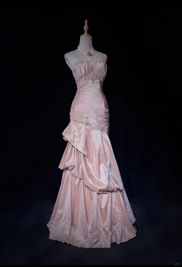 Light Pink Straps Mermaid Beading Vintage Long Party Dress Birthday Outfits, DP5424