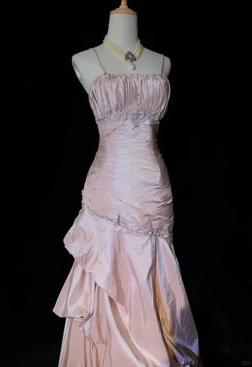 Light Pink Straps Mermaid Beading Vintage Long Party Dress Birthday Outfits, DP5424