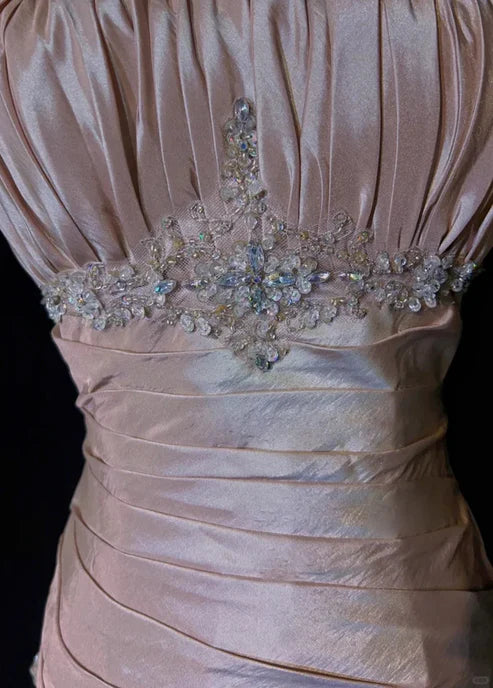Light Pink Straps Mermaid Beading Vintage Long Party Dress Birthday Outfits, DP5424