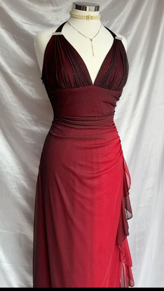 Wine Red Halter V Neck Ruffles Sheath Vintage Long Prom Dress Evening Gown, DP4524