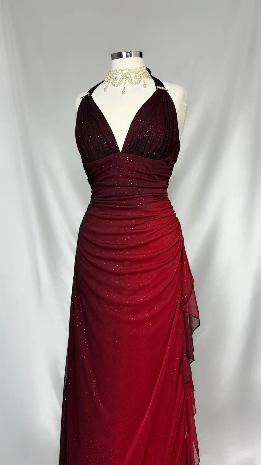 Wine Red Halter V Neck Ruffles Sheath Vintage Long Prom Dress Evening Gown, DP4524