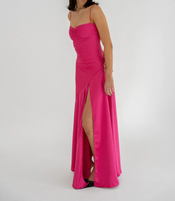 Hot Pink Straps Sheath Satin Simple Long Party Dress Wedding Guest Dress, DP4532