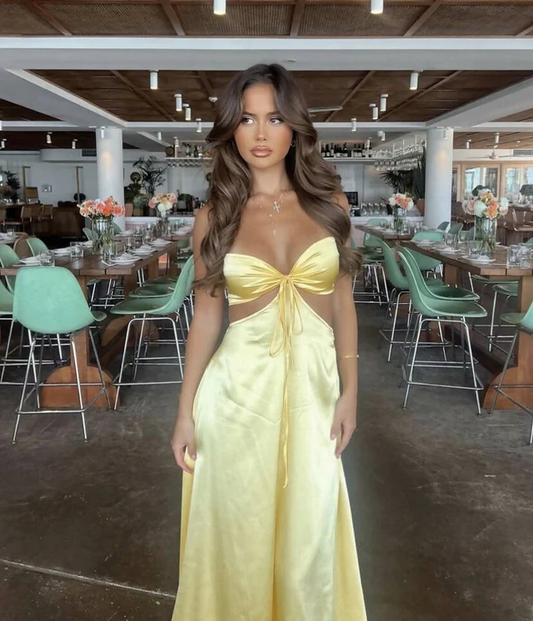 Yellow Strapless A-Line Satin Simple Long Party Dress Wedding Guest Dress, DP4533