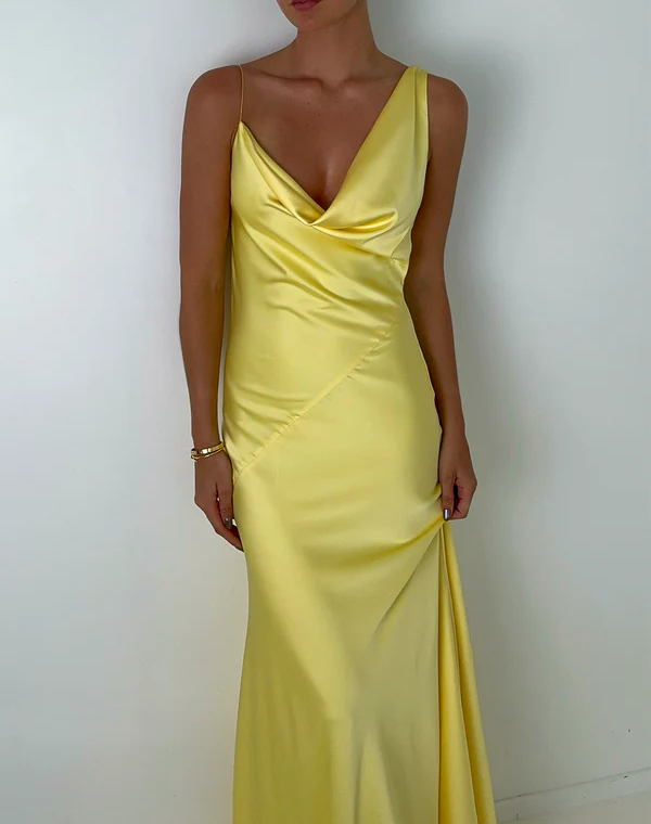 Yellow Straps Sheath Satin Simple Long Party Dress Wedding Guest Dress – DSProm
