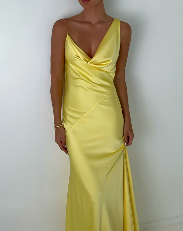 Yellow Straps Sheath Satin Simple Long Party Dress Wedding Guest Dress, DP4534