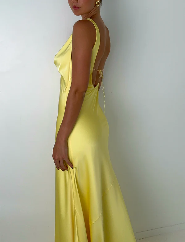 Yellow Straps Sheath Satin Simple Long Party Dress Wedding Guest Dress, DP4534