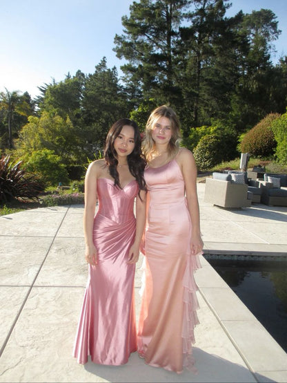 Elegant Pink Sweetheart Mermaid Satin Long Party Dress Wedding Guest Dress, DP4540