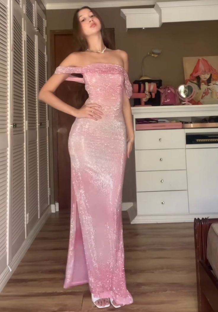 Shiny Pink Off Shoulder Sheath Long Party Dress Formal Evening Gown, DP4544