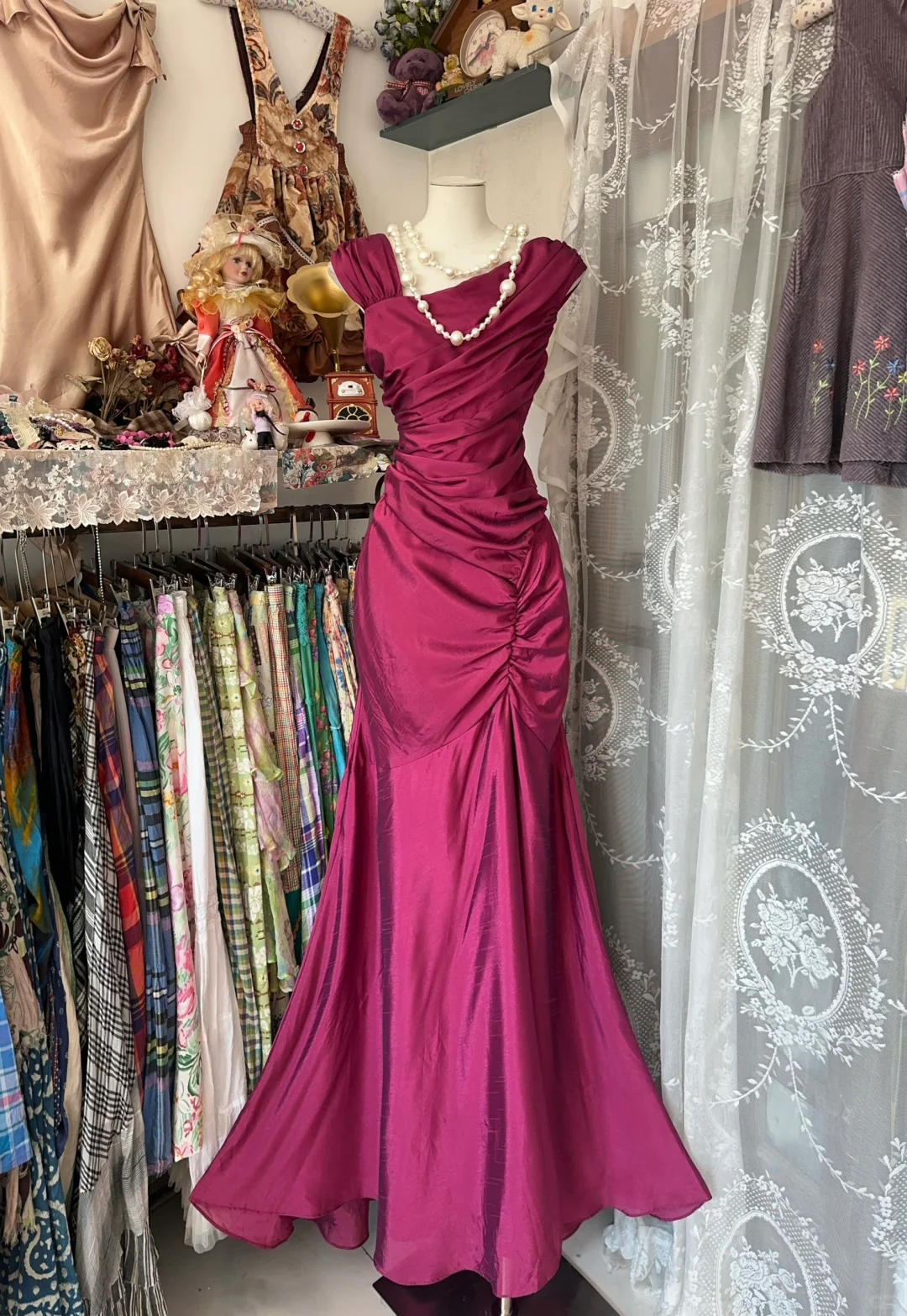 Modest Mermaid Satin Vintage Long Party Dress Formal Evening Gown, DP4545