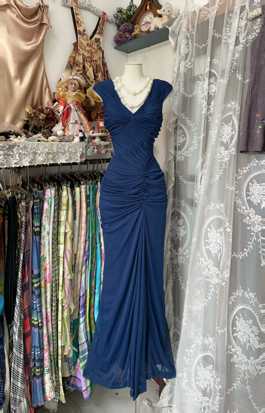 Modest Navy Mermaid Satin Vintage Long Party Dress Formal Evening Gown, DP4547