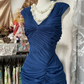 Modest Navy Mermaid Satin Vintage Long Party Dress Formal Evening Gown, DP4547