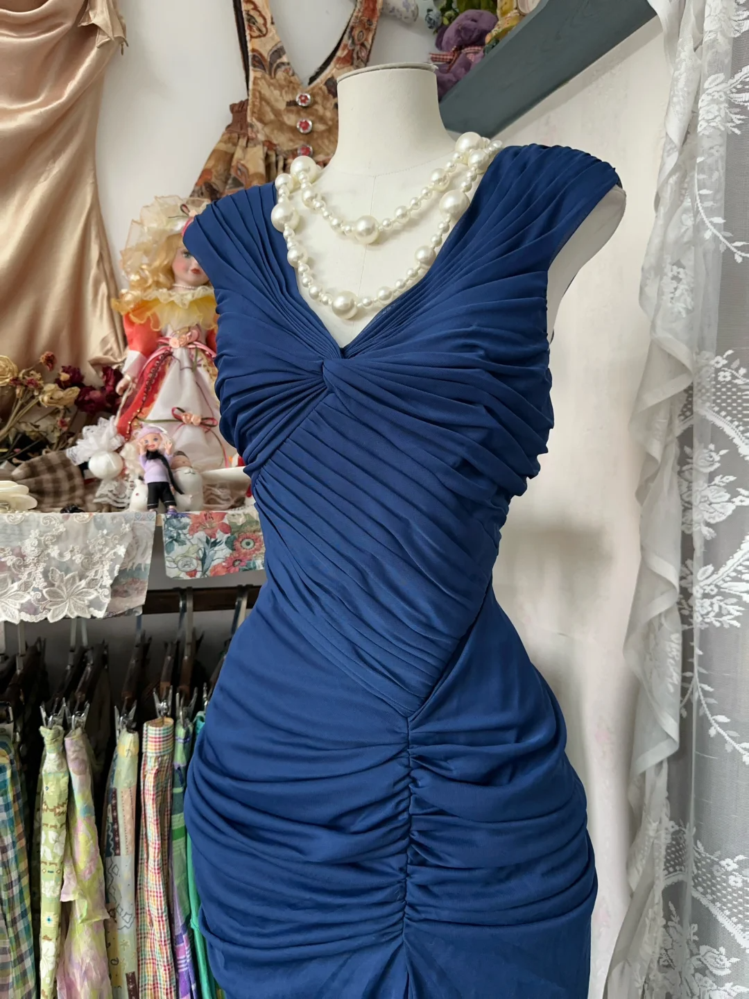 Modest Navy Mermaid Satin Vintage Long Party Dress Formal Evening Gown, DP4547