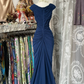 Modest Navy Mermaid Satin Vintage Long Party Dress Formal Evening Gown, DP4547