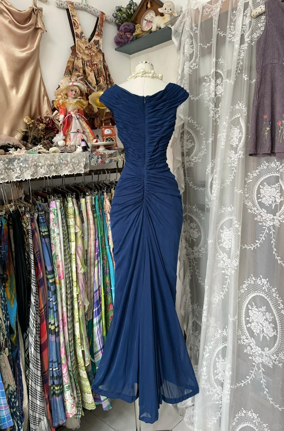 Modest Navy Mermaid Satin Vintage Long Party Dress Formal Evening Gown, DP4547