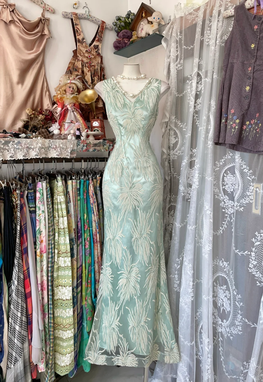 Tiffany Blue V Neck Mermaid Vintage Long Party Dress Formal Evening Gown, DP4548