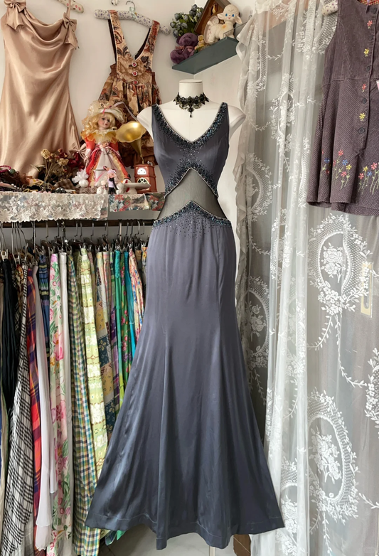 Grey V Neck Beading Mermaid Vintage Long Party Dress Formal Evening Gown, DP4549