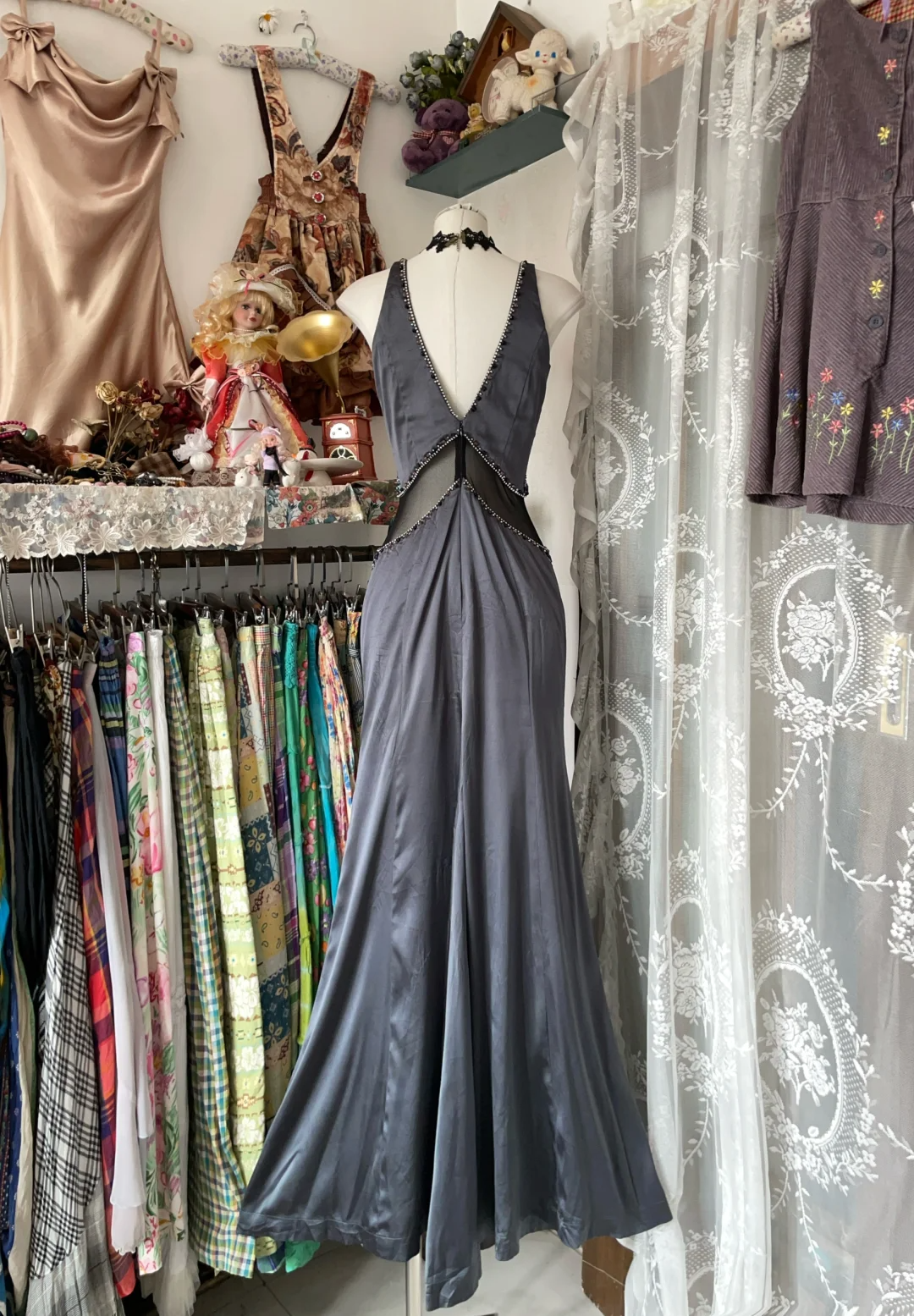 Grey V Neck Beading Mermaid Vintage Long Party Dress Formal Evening Gown, DP4549