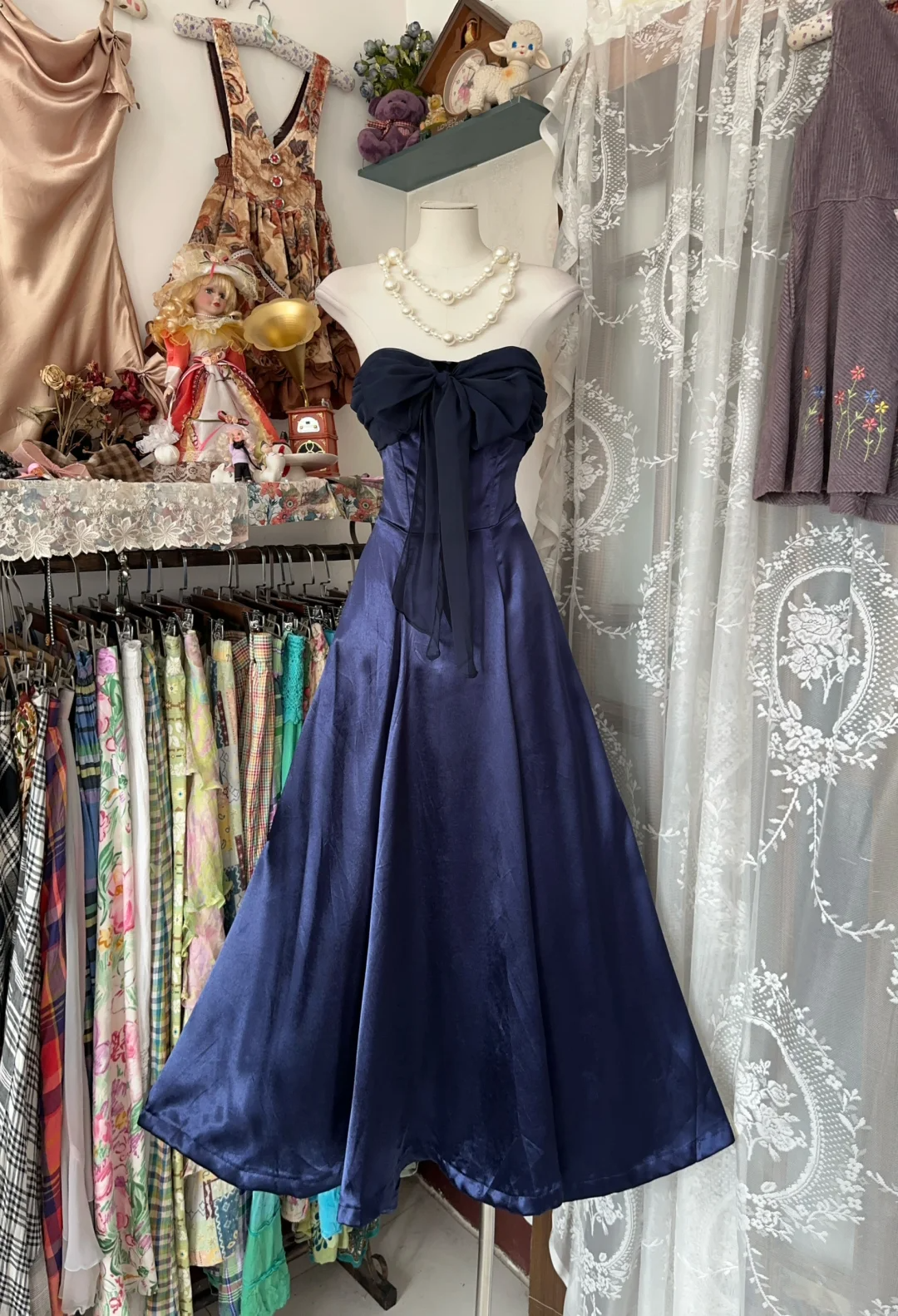 Navy Blue Strapless A-Line Satin Vintage Long Party Dress Formal Evening Gown, DP4552