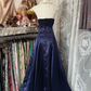 Navy Blue Strapless A-Line Satin Vintage Long Party Dress Formal Evening Gown, DP4552