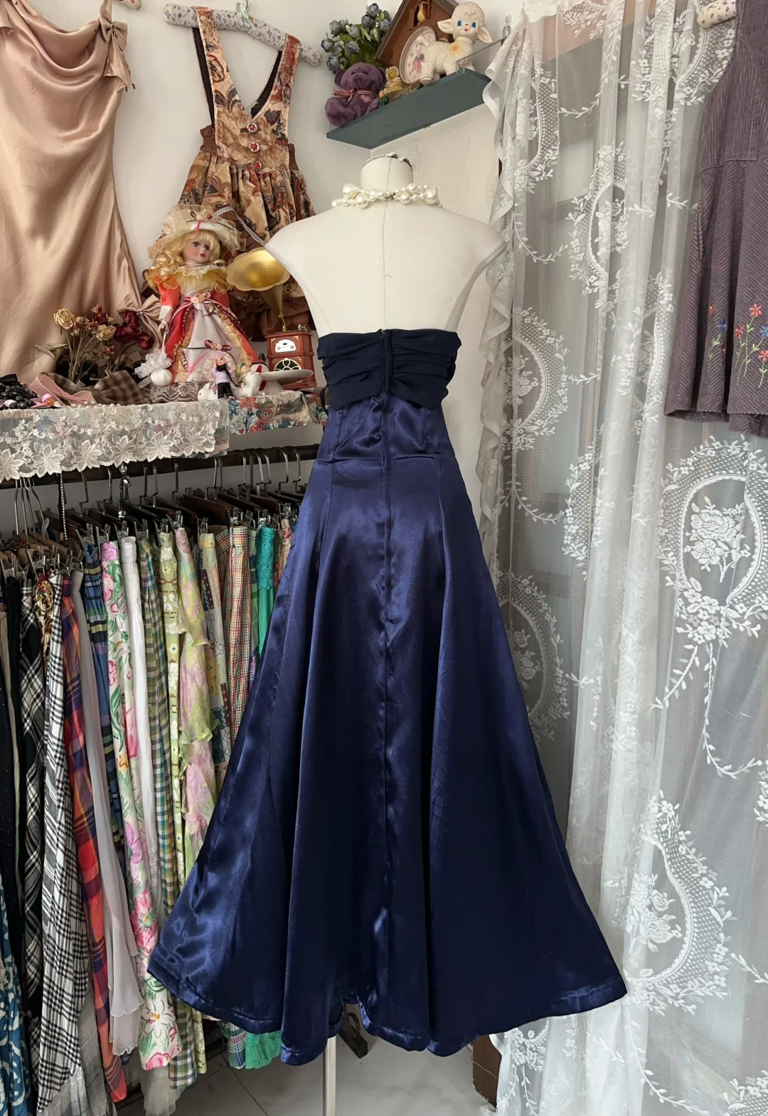 Navy Blue Strapless A-Line Satin Vintage Long Party Dress Formal Evening Gown, DP4552