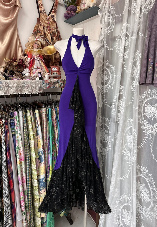 Purple V Neck Halter Mermaid Vintage Long Party Dress Formal Evening Gown, DP4553