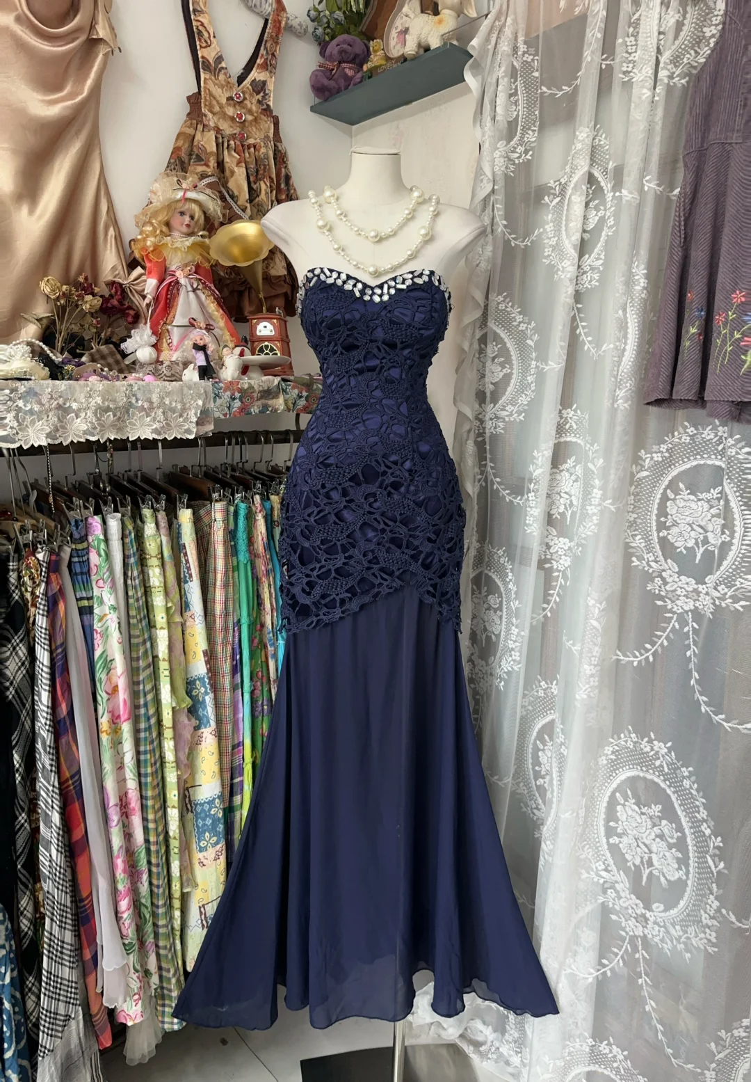 Navy Blue Sweetheart Mermaid Vintage Long Party Dress Formal Evening Gown, DP4554