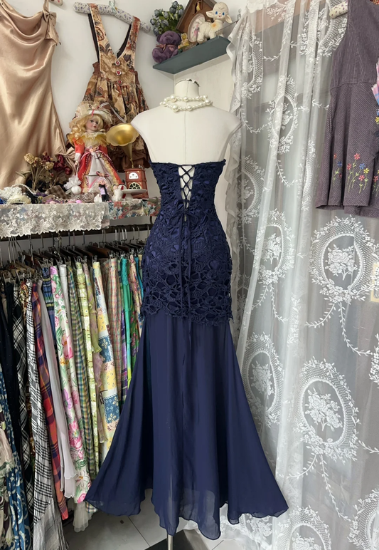 Navy Blue Sweetheart Mermaid Vintage Long Party Dress Formal Evening Gown, DP4554