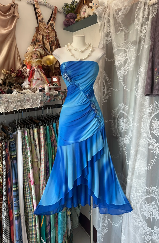 Blue Gradient Strapless Ruffles Vintage Long Party Dress Formal Evening Gown, DP4556