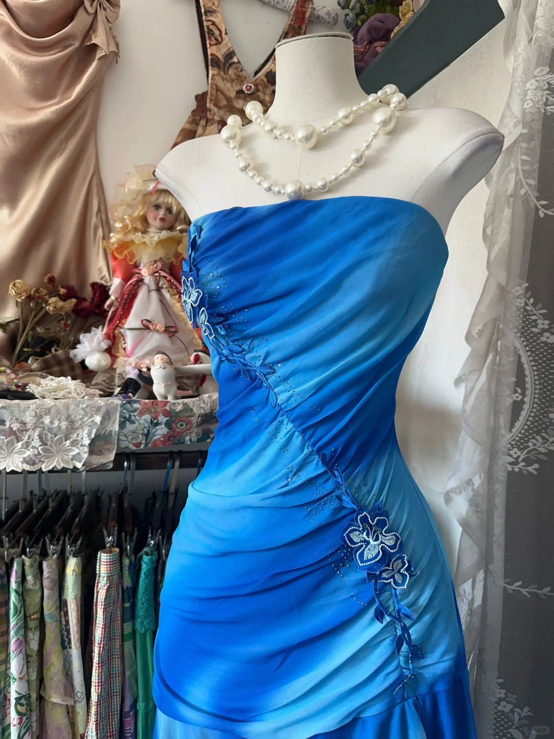 Blue Gradient Strapless Ruffles Vintage Long Party Dress Formal Evening Gown, DP4556