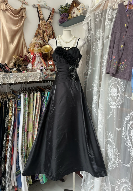 Black Straps A-Line Satin Vintage Long Party Dress Formal Evening Gown, DP4558