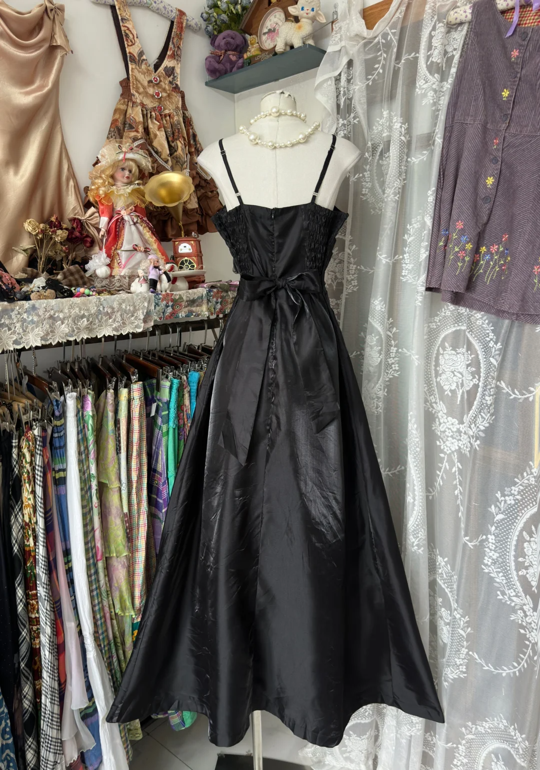 Black Straps A-Line Satin Vintage Long Party Dress Formal Evening Gown, DP4558