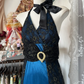 Navy Halter Sheath Lace Satin Vintage Long Party Dress Formal Evening Dress, DP4562