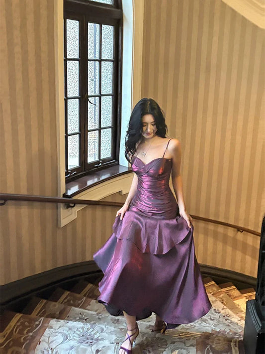 Dark Purple Spaghetti Straps A-Line Chiffon Long Prom Dress Evening Gown, DP4566