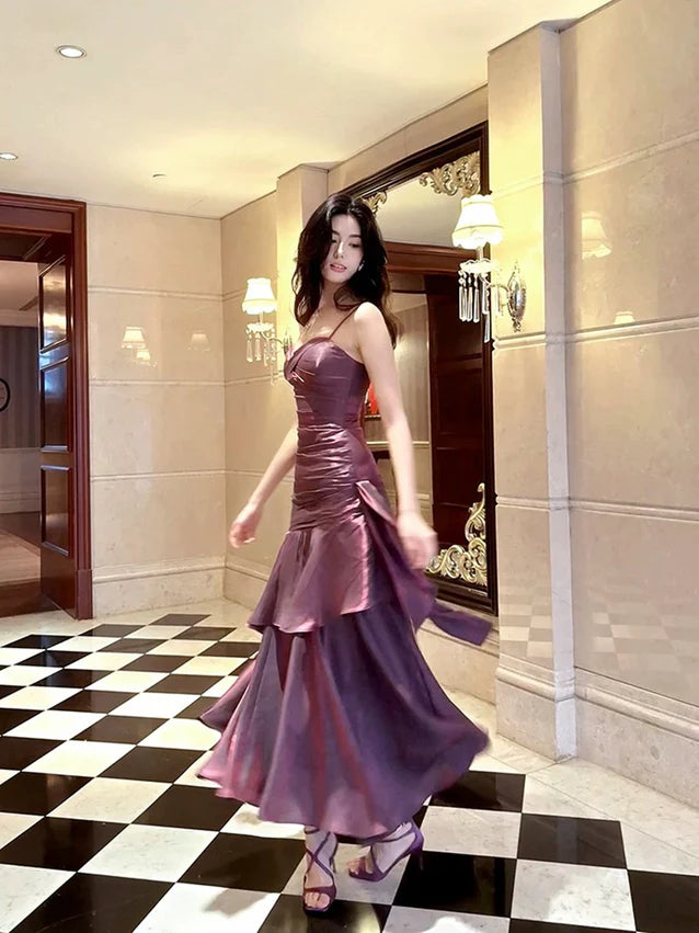 Dark Purple Spaghetti Straps A-Line Chiffon Long Prom Dress Evening Gown, DP4566